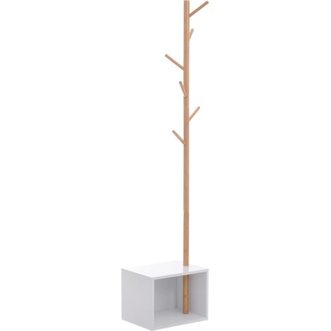 Banc d'entrée avec porte-manteau intégré, porte-manteau sur pied en bambou, banc d'entrée blanc, design, convient également pour une chambre, 40 x 30 x 180 cm, bois blanc