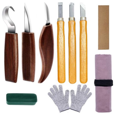 10Pcs Outils Sculpture sur Bois en Acier Carbone Ensemble d'outils de Sculpture sur Bois avec Couteau à Crochet Couteau (1/5)