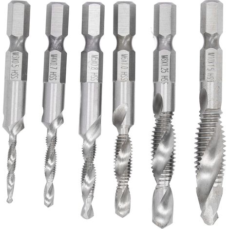 6 pièces Embout Hexagonal Foret Taraud Combiné 3 en 1 Acier HSS Kit Perçage Taraudage pour Alliage Aluminium (1/5)
