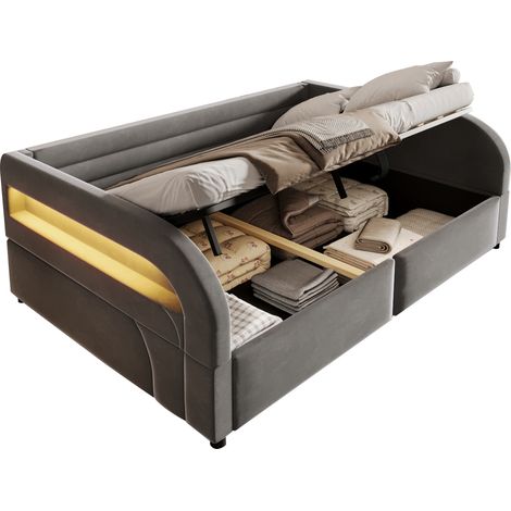 CHICFURN Lit 140x200 avec rangement hydraulique, LED RGB et tête de lit rembourrée en tissu gris, pour petite chambre, chambre ado ou chambre d'amis moderne (1/5)