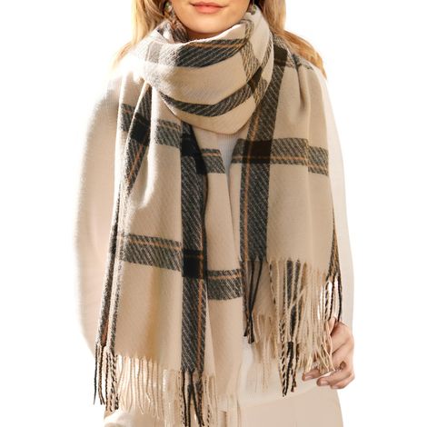 Écharpe-châle oversize d'hiver pour femme - Douceur cachemire, motif à carreaux à franges, taille extra large pour vous envelopper de chaleur (1/5)