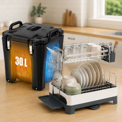 Contenedor térmico para alimentos de 30 litros con ruedas y frenos + escurridor metálico de dos niveles con soportes para vasos y cubiertos (1/5)