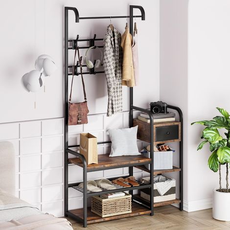 Portemanteau d’Entrée 5-en-1 avec Banc à Chaussures et Tiroir, 8 Crochets, Étagères de Rangement, Vestiaire Compact Bois et Métal Style Rétro Marron (1/5)
