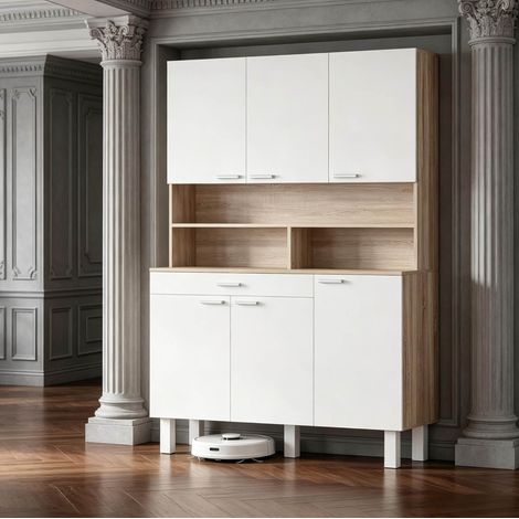 Aparador de cocina 120 x 40 x 175 cm, 6 puertas, 1 cajón, blanco y efecto madera DESVIAE (1/5)