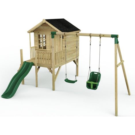 Rebo Playhouse and Double Swing Set with Slide - Luna Green