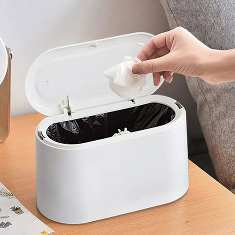 Mini poubelle avec couvercle – Petite poubelle amovible en plastique, petite poubelle pop-up pour comptoir – Poubelle de com - blanc (1/5)
