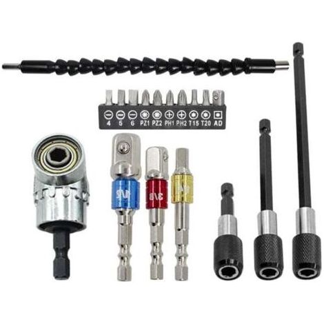 PA Le kit de rallonge flexible pour foret comprend une rallonge flexible pour foret à 105°, trois adaptateurs de douille universels pour forets de 1/4 pouce, 3/8 pouce et 1/2 pouce, et trois (1/4)