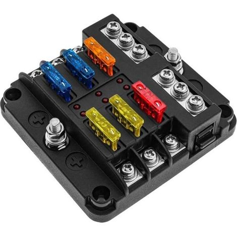 6 Voies Boîte Fusibles 12V, Porte Fusible Blocs Fusible Lame avec 16 Fusibles 6 Voyants LED Couvercle de Protection (1/5)
