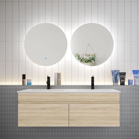 Aica Ensemble meuble Salle de Bain vasque L.120cm + 2 x Miroir LED Rond 60cm,Chêne