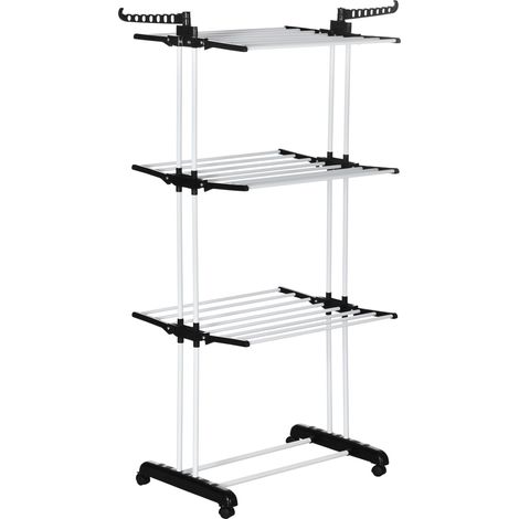 Tour de séchage étendoir à linge pliable 4 niveaux sur roulettes séchoir vertical en acier thermolaqué noir (1/5)