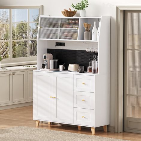 Elément haut de cuisine-Armoire-prises-panneau perforé-bar-supports verres-rangement-buffet-tiroirs-blanc-120x40x184cm (1/5)