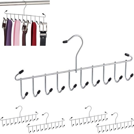 5 x Belt Holder, Metal Tie Rack, Space Saving, 12 Hooks Each, Ties & Belts, Wardrobe, Silver