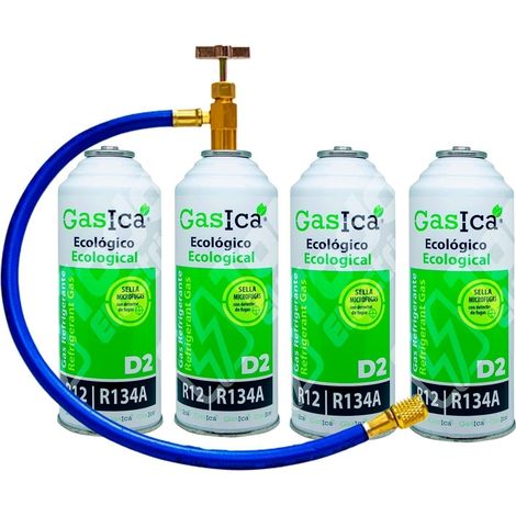 2 pack ahorro (2x226Gr) Botellas Gas Refrigerante Gasica D2 sustituto de R12, R134A más manguera con llave recarga Gas (1/5)