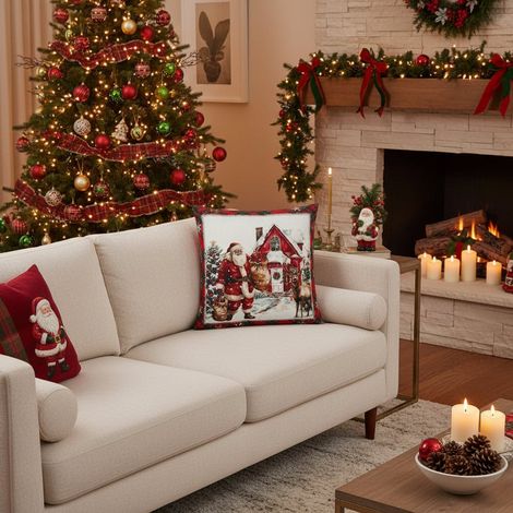 Cuscino natalizio in poliestere con Babbo Natale per decorazione da 45 x 45 cm -Modello 1 (1/4)