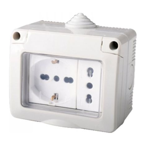 Kit Contenitore Cassetta Elettrica Esterna 1 Presa Schuko Universale +1 Presa Bipasso Con Coperchio Stagno IP55, Montaggio Da Parete Esterno,Omologato IMQ
