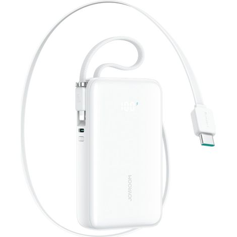 Batería externa de 10000 mAh y 35 W con cable USB-C retráctil y cordón Lightning - Blanco
