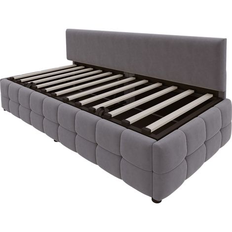 Cama individual tapizada 90 x 200 cm con arcón hidráulico, cabecero y terciopelo gris oscuro (1/5)