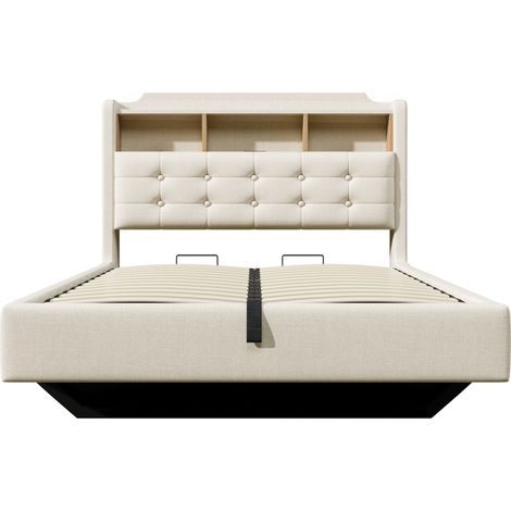 Cama tapizada 140 x 200 cm con banda LED, almacenaje hidráulico, puertos USB y USB-C, beige (1/5)