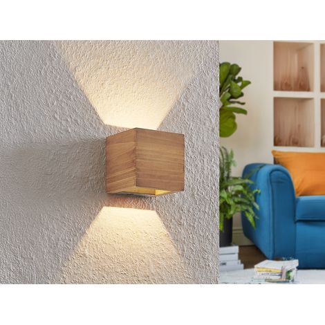 Kleine Up and Down LED Innen Wandleuchte BRAD aus Echtholz, Quadrat 11cm