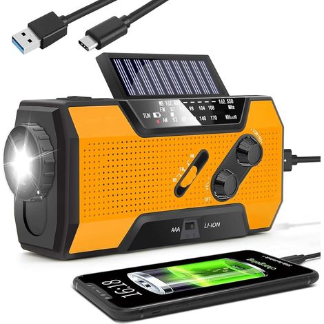 Radio à manivelle solaire, alimentée par secteur, d'urgence, portable 2000 mAh, orange, avec alimentation USB/manuelle. (1/5)