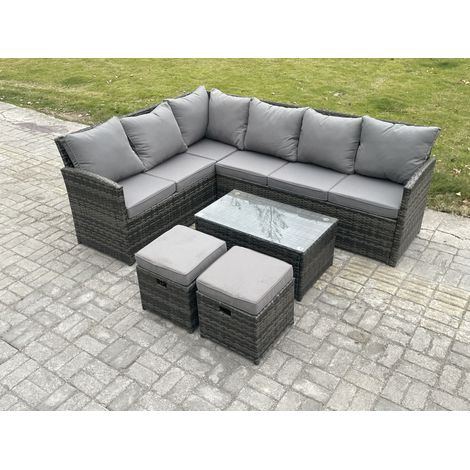 Fimous Rattan Lounge Corner Sofa Set Wicker PE Outdoor Garden Furniture Set with Rectangular Coffee Table 2 Small Footstools Dark Grey Mixed