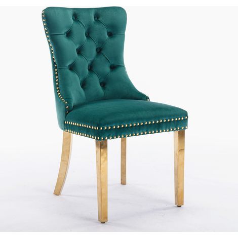 Chaise de salle à manger contemporaine en velours vert avec pieds en bois massif finition acier inox doré, dossier haut, lot de 2 (1/5)