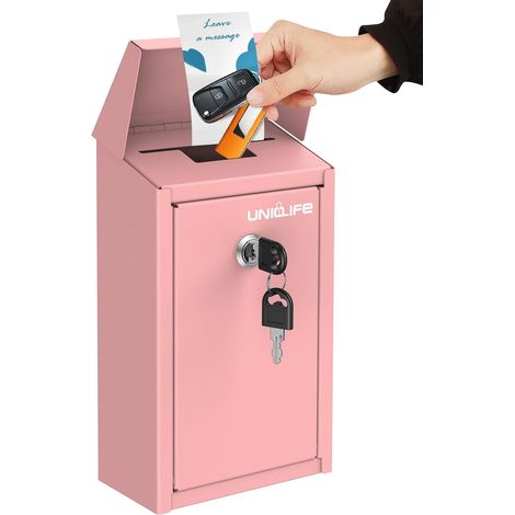 Boîte à clés rose pour l'extérieur, boîte à dons en métal avec serrure à clé, boîte à suggestions sûre, boîte aux lettres murale avec fente supérieure, boîte à billets en acier pour la maison (1/5)