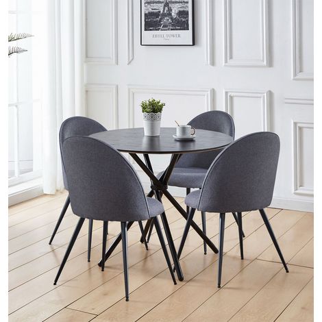 Hallowood Furniture Cullompton Round Dining Table and Chairs Set 4, Black Wood-Effect Table and Chairs with Curved-Back Grey Fabric Upholstery, Dining Set for 4 Perfect for Home or Café