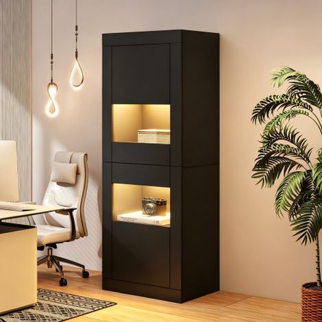 N625P286366367S) Vetrina nera con illuminazione a LED, 1 ripiano in vetro, 6142162 cm, vetrina, vetrina autoportante, armadio alto, armadio contenitore. (1/5)