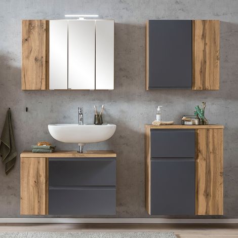 Badezimmer Set, stehend/hängend, in Wotan Eiche Nb. mit matt grau, VASTO-03-GREY, B/H/T ca. 165/200/35 cm (1/5)