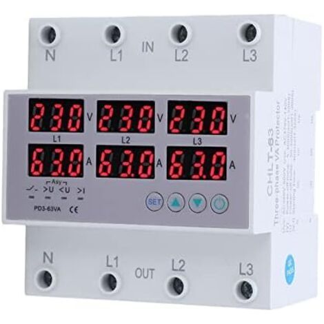 AC390‑500V 3 Phase DIN Rail Voltmètre Ampèremètre Protecteur de Surintensité de Surtension Réinitialisation Automatique Affichage Numérique Tension Courant Temps Réel(40A) (1/5)