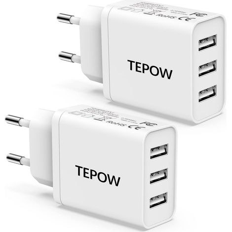Chargeur Prise Secteur USB Multiple 2Pack 15W/3A, 3 Port Adaptateur Chargeur Telephone Universel pour Apple iPhone,Samsung Galaxy,Huawei,Xiaomi,Android (1/5)