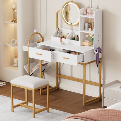 Bureau coiffeuse LED 80 cm avec miroir, blanc or OKMYHOME (1/5)