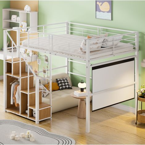 Cama Alta 140x200 Cm Estructura Metálica Blanca