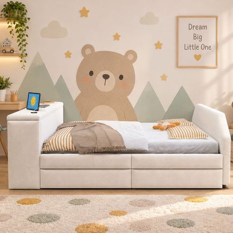 Lit Gigogne Enfant 140 x 200 cm bureau intégré prise de recharge USB lit d’appoint escamotable structure rembourrée en velours beige (1/3)