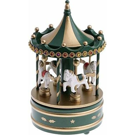 Boîte à musique carrousel, boîte à musique rotative en bois, décoration de bureau pour anniversaires, décorations de Noël (verte) (1/5)