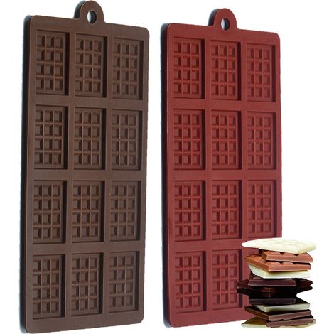 Lot de 2 moules à gaufres rectangulaires fines en silicone (12 cavités) pour chocolat, à casser et à séparer.