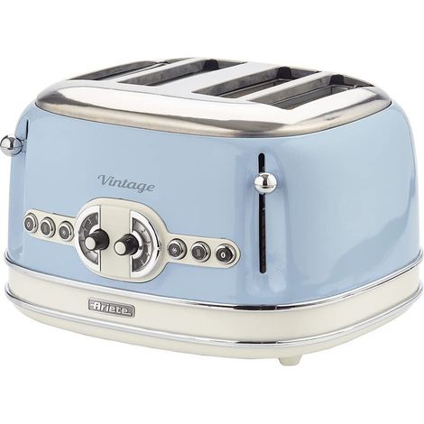 Ariete 0156/05 Retro Style 4 Toaster with 2 Slice Control, 6 Browning Levels & Removable Crumb Tray, Vintage Design, Stainless Steel, Blue