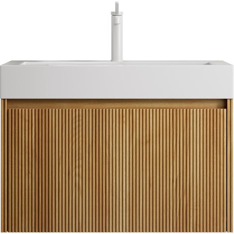 CAIziMeuble vasque suspendu 70 cm blanc résine + tiroir bois naturel rainuré