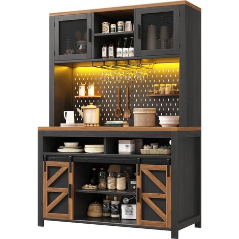 Armoires de cuisine, colonne avec port USB, espace de rangement multifonction avec grand plan de travail pour cuisine et salle à manger, buffet avec éclairage LED, noir (1/5)
