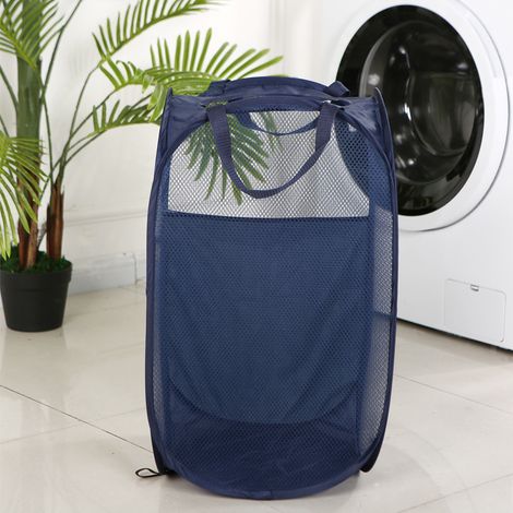 Panier à linge pliable bleu foncé avec ouverture ronde et panneaux latéraux. Grande capacité, panier à linge portable po (1/4)