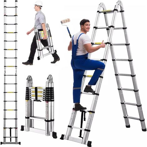 Échelle pliante télescopique en acier inoxydable-échelle d'extension polyvalente de 5 mètres, avec une capacité de charge maximale de 150 kg / 330 lb, adaptée à la décoration, à la peinture et à d'aut