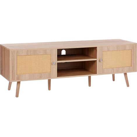 Meuble TV en rotin pour téléviseur 65" (165 cm), avec prise intégrée, style bohème, finition chêne. (1/5)