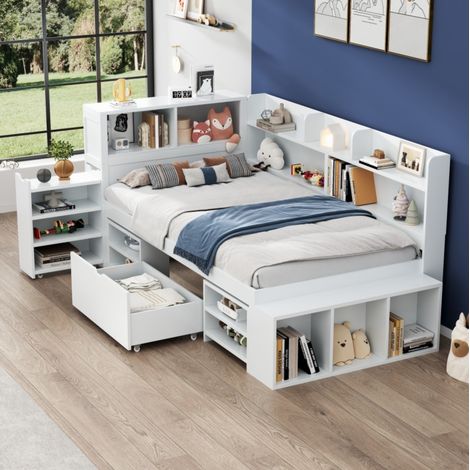 DESVIAE Lit enfant 90 x 200 cm avec tiroir bibliothèque et rangements intégrés sommier à lattes en contreplaqué blanc (1/5)