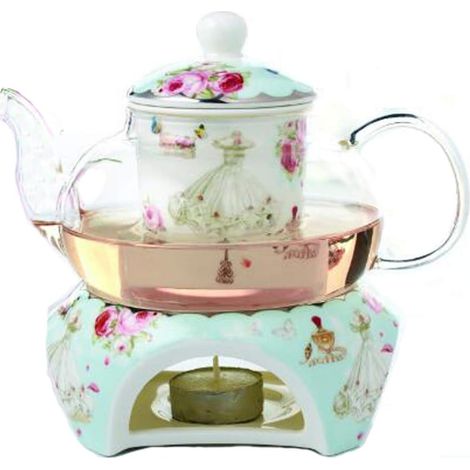 Théière en porcelaine et verre avec chauffe-thé et infuseur à thé (Bleu (Motifs rose et robe)) (1/5)