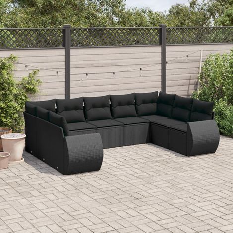 vidaXL Set Divani da Giardino 9 pz con Cuscini Nero in Polyrattan (1/3)