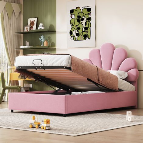 Polsterbett Doppelbett, Bettrahmen mit blumenförmigem Kopfteil und Lattenrost, Erwachsenen-Jugendbett in hautfreundlichem Samtstoff (1/5)