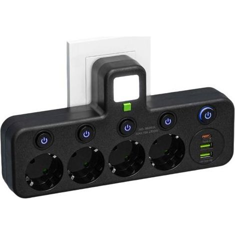 Multiprise Murale avec 4 Prises EU, 2 Ports USB, 1 Port Type C, Interrupteurs Individuels (4 Prises Noir) (1/5)