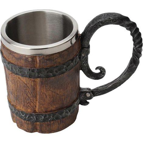 Mug style viking en acier inoxydable et résine, tasse à café ou à bière en forme de tonneau en bois, cadeau promotionnel (1/5)