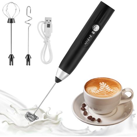 Mousseur à Lait Électrique Mousseur a Lait USB Rechargeable avec 3 Têtes d'Agitation, Mini Fouet 3 Vitesses Réglables Mini Batteur